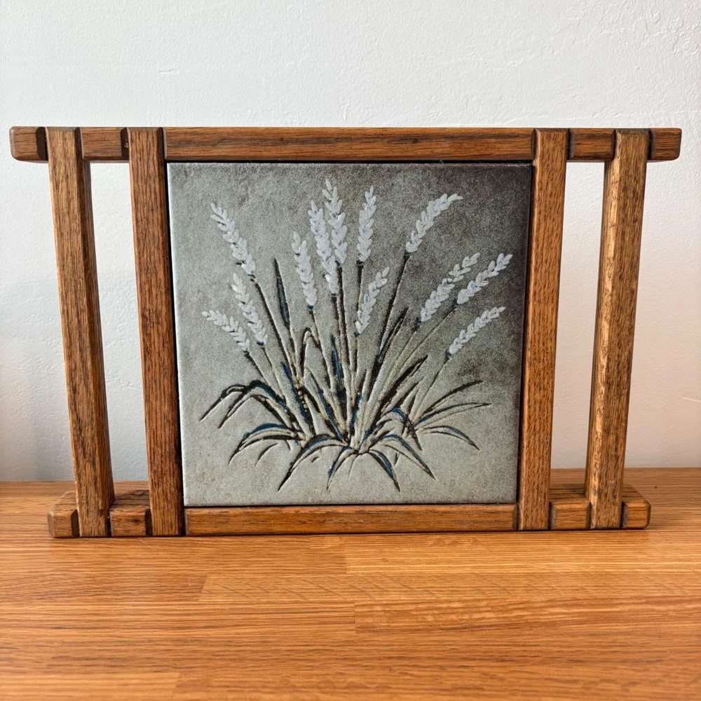 Unbranded Trivet Ceramic Tile Wheat Design Oak Wood Frame Brown Gray 14.5x9.5in
